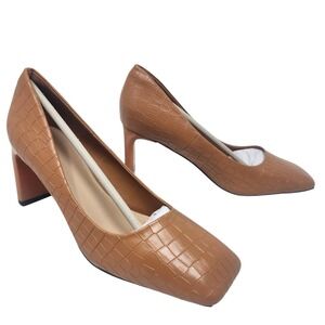 Tan Brown Camel Croc Embossed Square Toe Block Heel Pumps Womens Size 7 NEW
